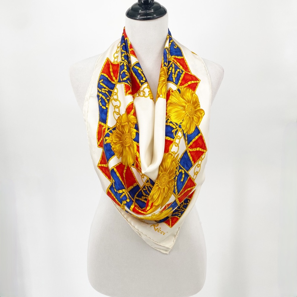 Nina Ricci Vintage Golden Flower Red Blue Large Square Scarf